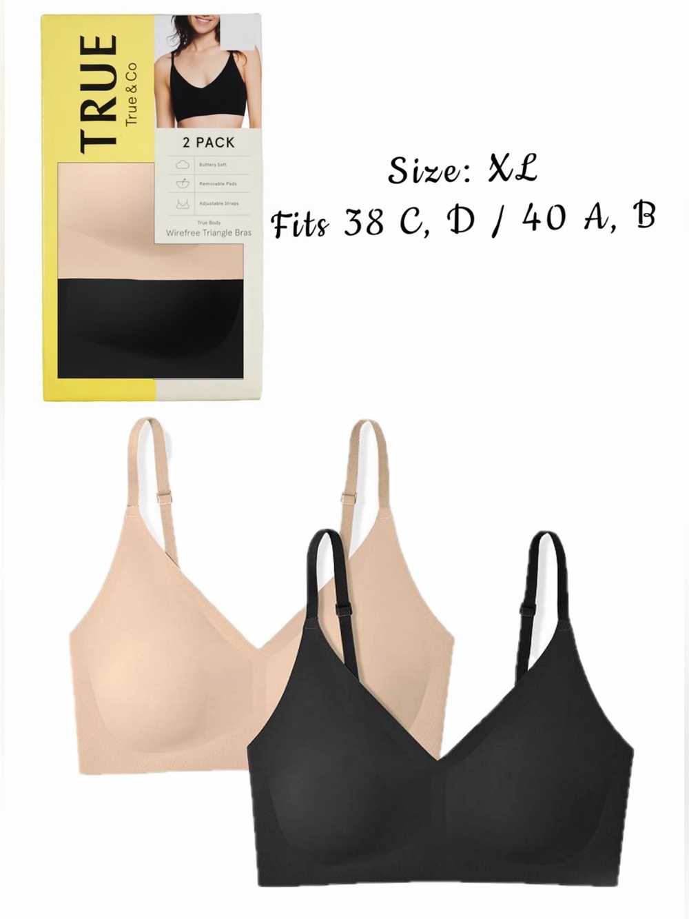 $58 Retail NIB True & Co. 2-Pack Wireless Triangle Bras - Nude & Black